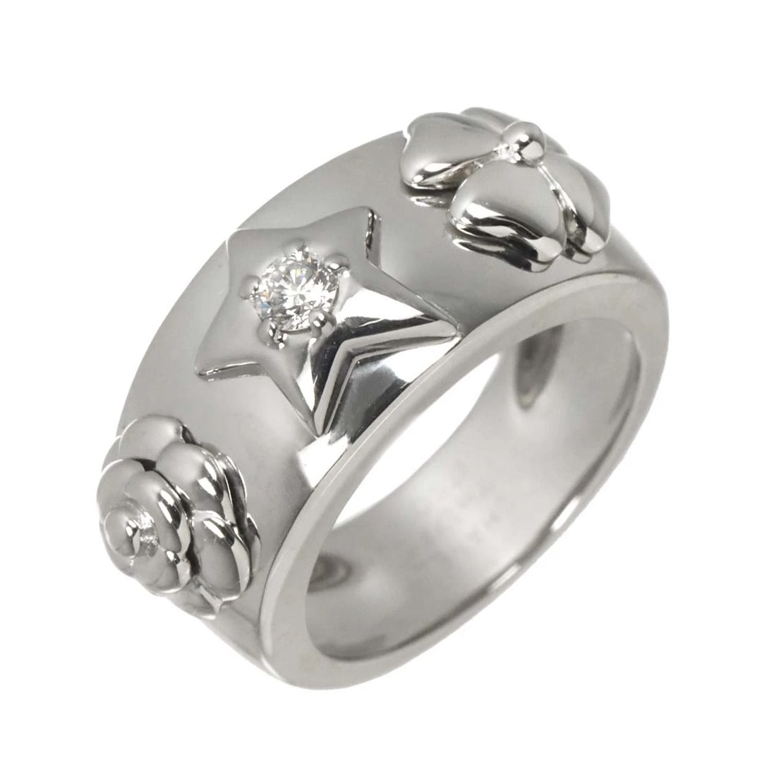 CHANEL THREE SYMBOLS DIAMOND RING WG 750: CHANEL Three Symbols Diamond Ring WG 750 Brand: CHANEL Type/Style: Ring Material: 750 White Gold, Main Stone Natural Color: White Gold Size: 5.25(US) Accessories: None Accessories Notice: