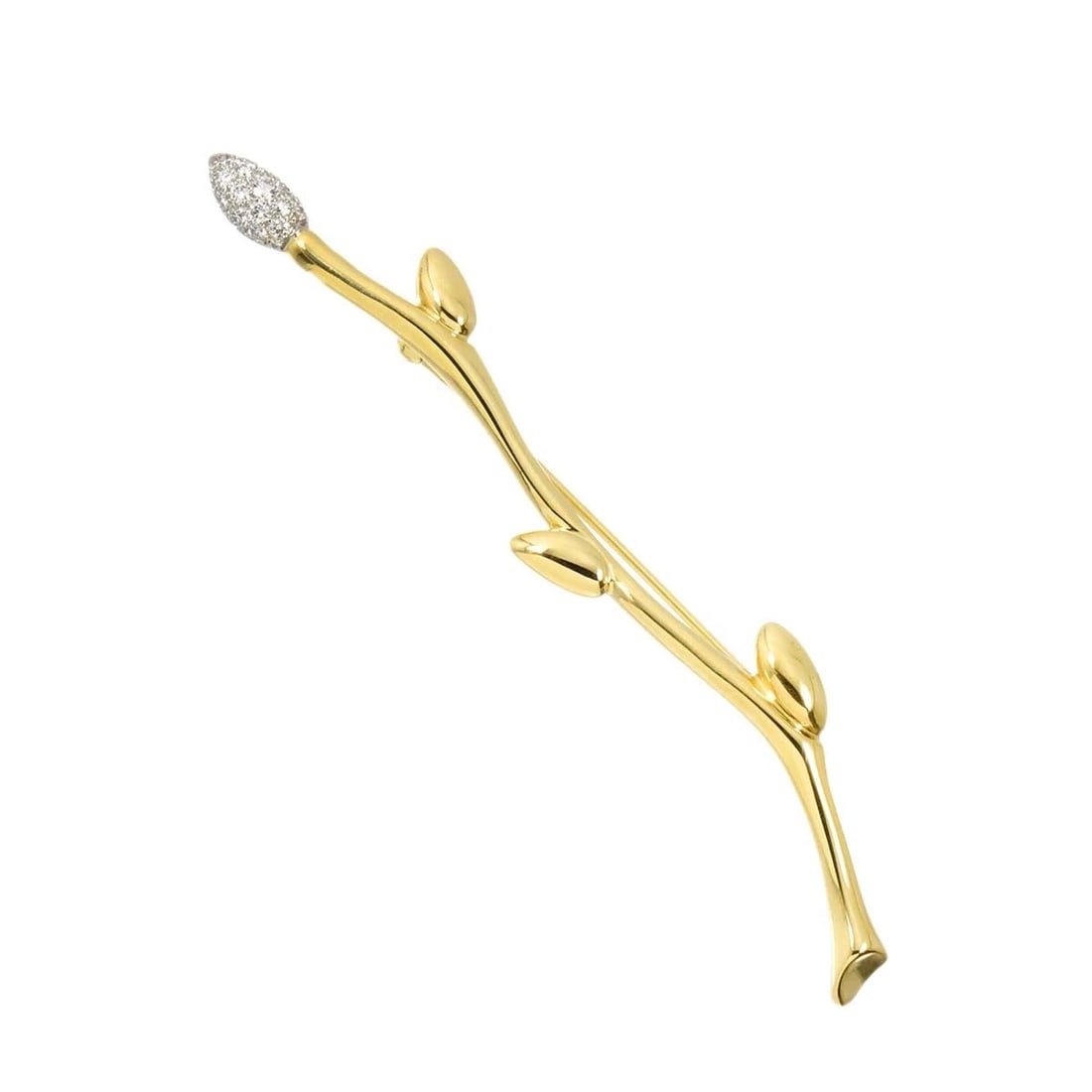TIFFANY CO. LEAF MOTIF DIAMOND BROOCH YELLOW GOLD 750: TIFFANY Co. Leaf motif Diamond Brooch Yellow Gold 750 Brand: TIFFANY Co. Type/Style: Brooch Material: 750 Yellow Gold Platinum, Main Stone Natural Color: Yellow Gold Size: W76 x H7.2mm Thickness:4mm