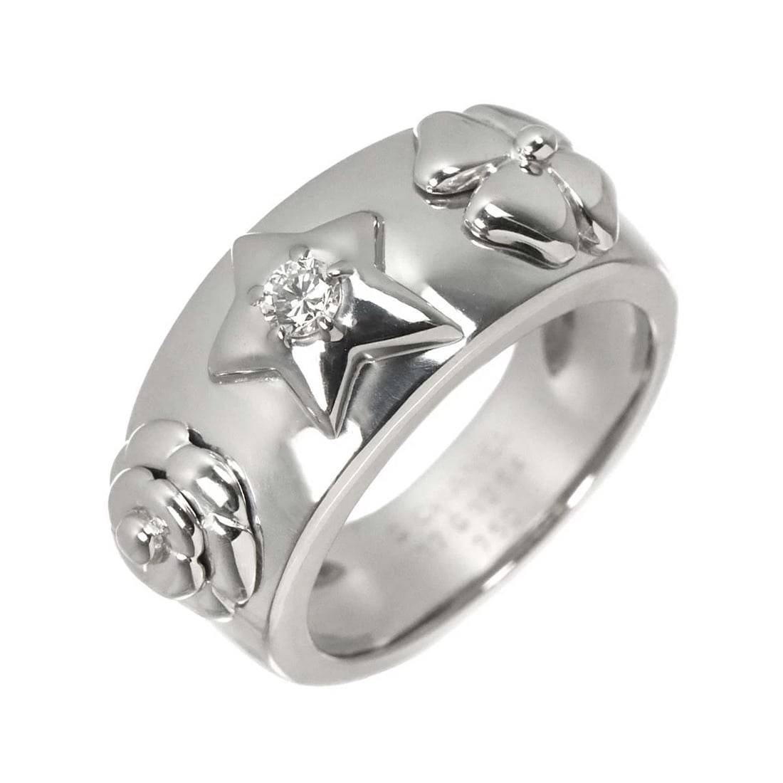 CHANEL THREE SYMBOLS DIAMOND RING WG 750: CHANEL Three Symbols Diamond Ring WG 750 Brand: CHANEL Type/Style: Ring Material: 750 White Gold, Main Stone Natural Color: White Gold Size: 6.25-6.5(US) Accessories: None Accessories Noti