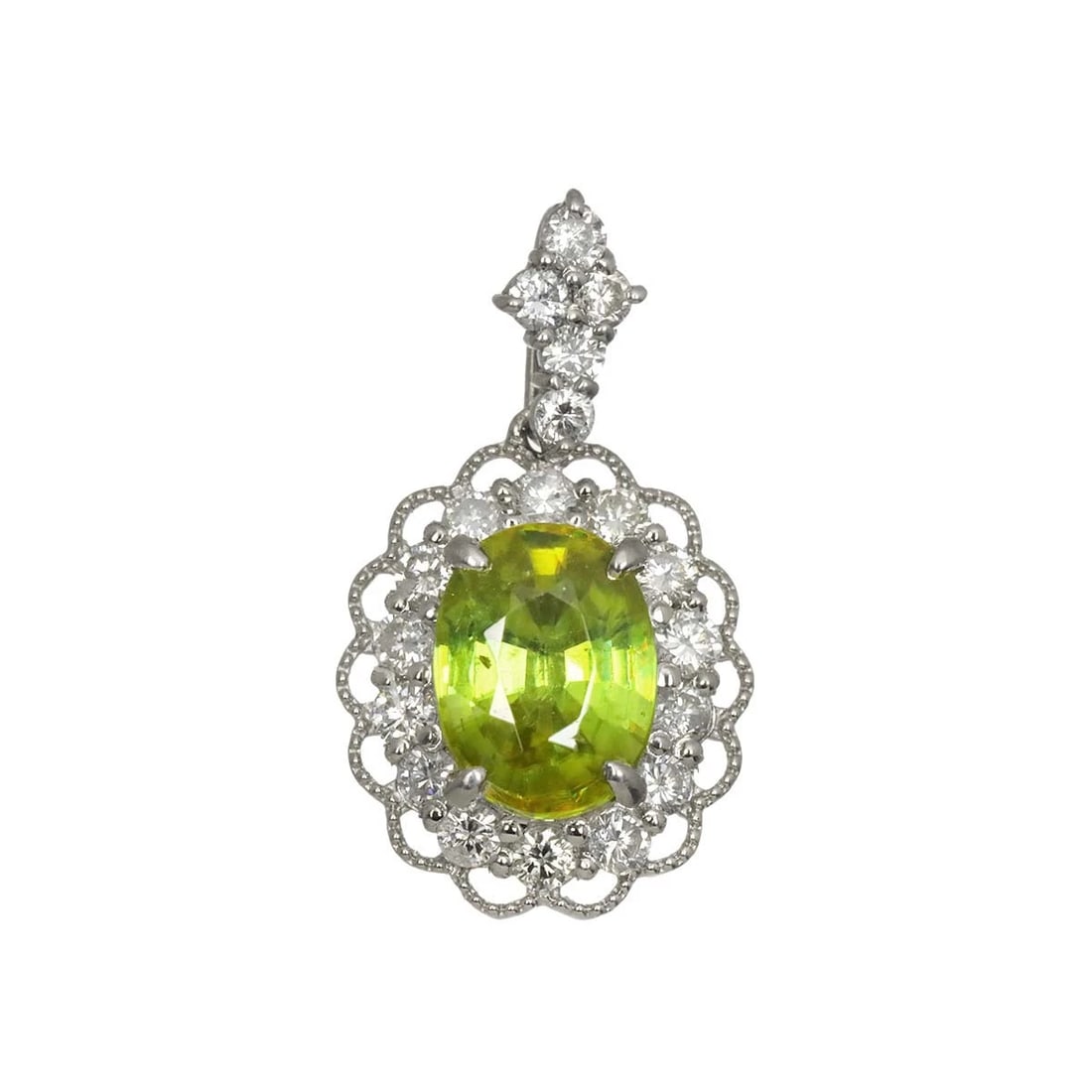 SPHENE DIAMOND PENDANT TOP PLATINUM: Sphene Diamond Pendant Top Platinum Brand: Unbranded Type/Style: Pendant Material: PT950, Main Stone Natural Color: Platinum Size: W 12.1 X H 21.2mm(full length) Thickness:4.7mm bail:(inside dimension