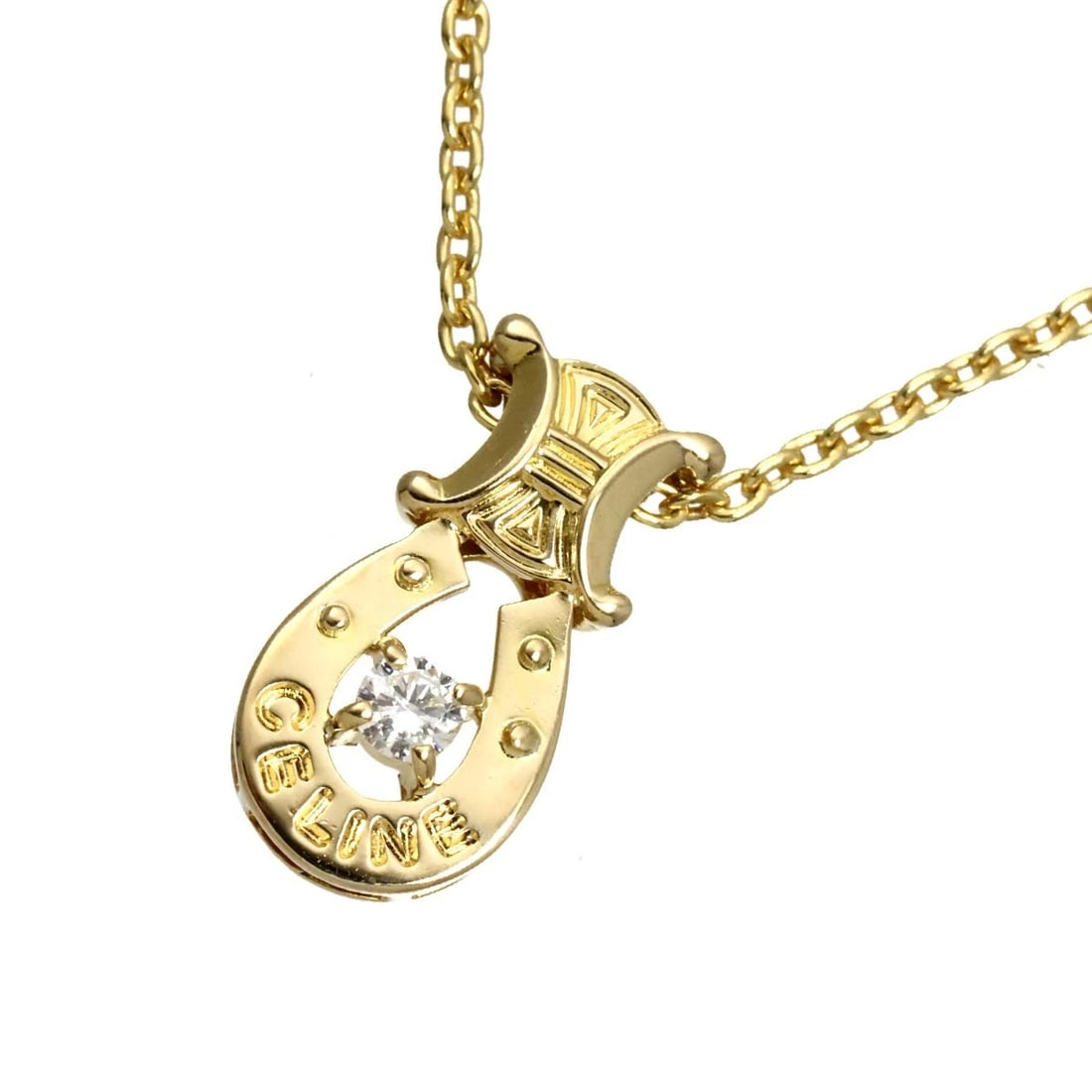 CELINE MACADAM DIAMOND NECKLACE YELLOW GOLD 750: CELINE Macadam Diamond Necklace Yellow Gold 750 Brand: CELINE Type/Style: Necklace Material: 750 Yellow Gold, Main Stone Natural Color: Yellow Gold Size: internal circumference of the chain:16.5inch
