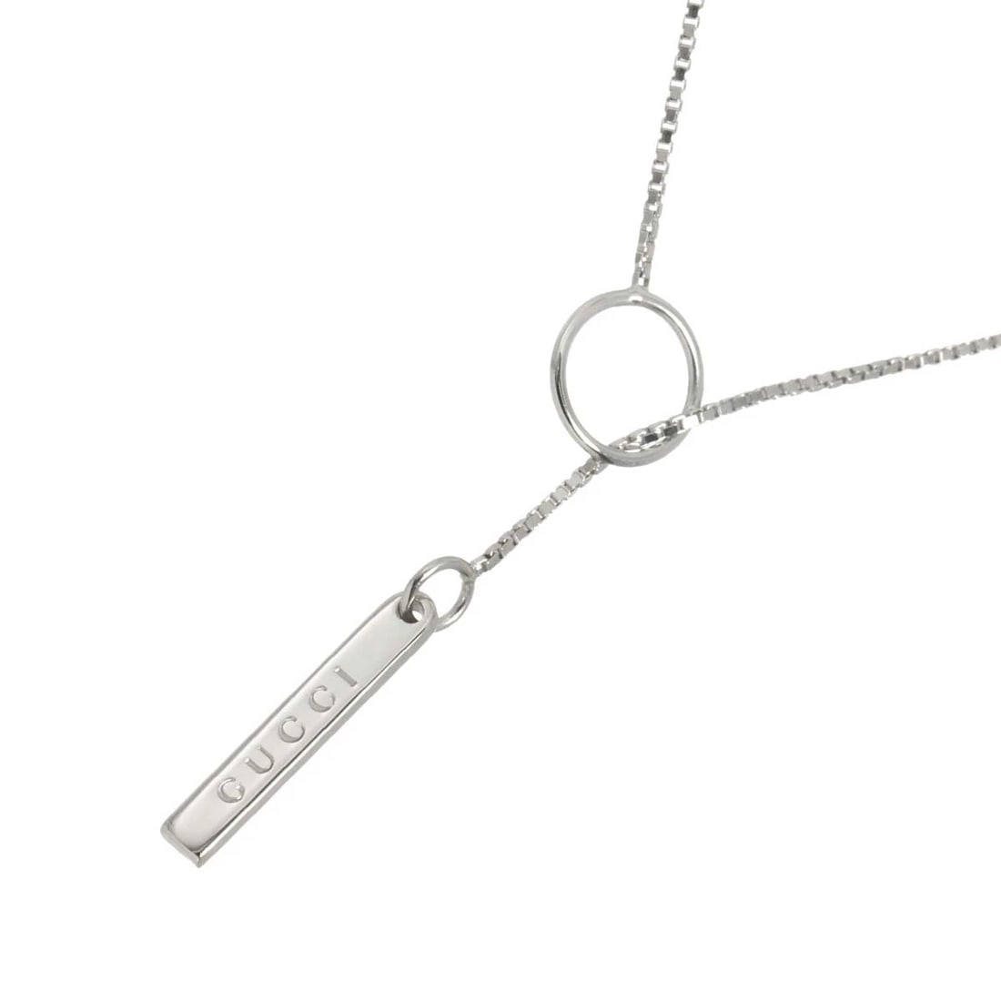 GUCCI LARIAT NECKLACE WHITE GOLD 750: GUCCI Lariat Necklace White Gold 750 Brand: GUCCI Type/Style: Necklace Material: 750 White Gold, Color: White Gold Size: Total length of the chain:21.3inch Bar Charm(max):W 3X H19.8mm Thickness:1.4mm 