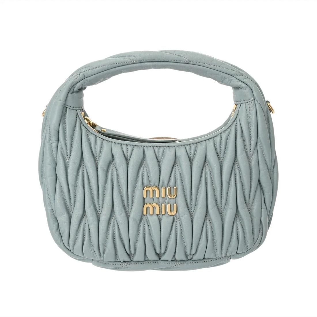 MIU MIU WONDER HOBO BAG BLUE SHOULDER BAG: Miu Miu Wonder Hobo Bag blue Shoulder Bag Brand: Miu Miu Type/Style: Shoulder Bag Material: Materasse leather Color: Powder blue × Champagne Gold Metal Size: H:about 4.9inch (Center) W:about 9.1inch 