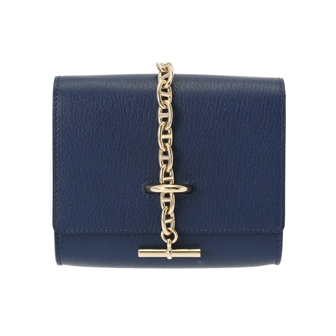 HERMES CHAINE D'INCRE COMPACT BLUE SAFIR BIFOLD WALLET: HERMES Chaine d'Incre Compact Blue Safir Bifold Wallet Brand: HERMES Type/Style: Bifold Wallet Material: Chevre Shamquilla Color: Blue Safir ? Gold Metal Size: H:about 4.3inch W:about 5.1inch