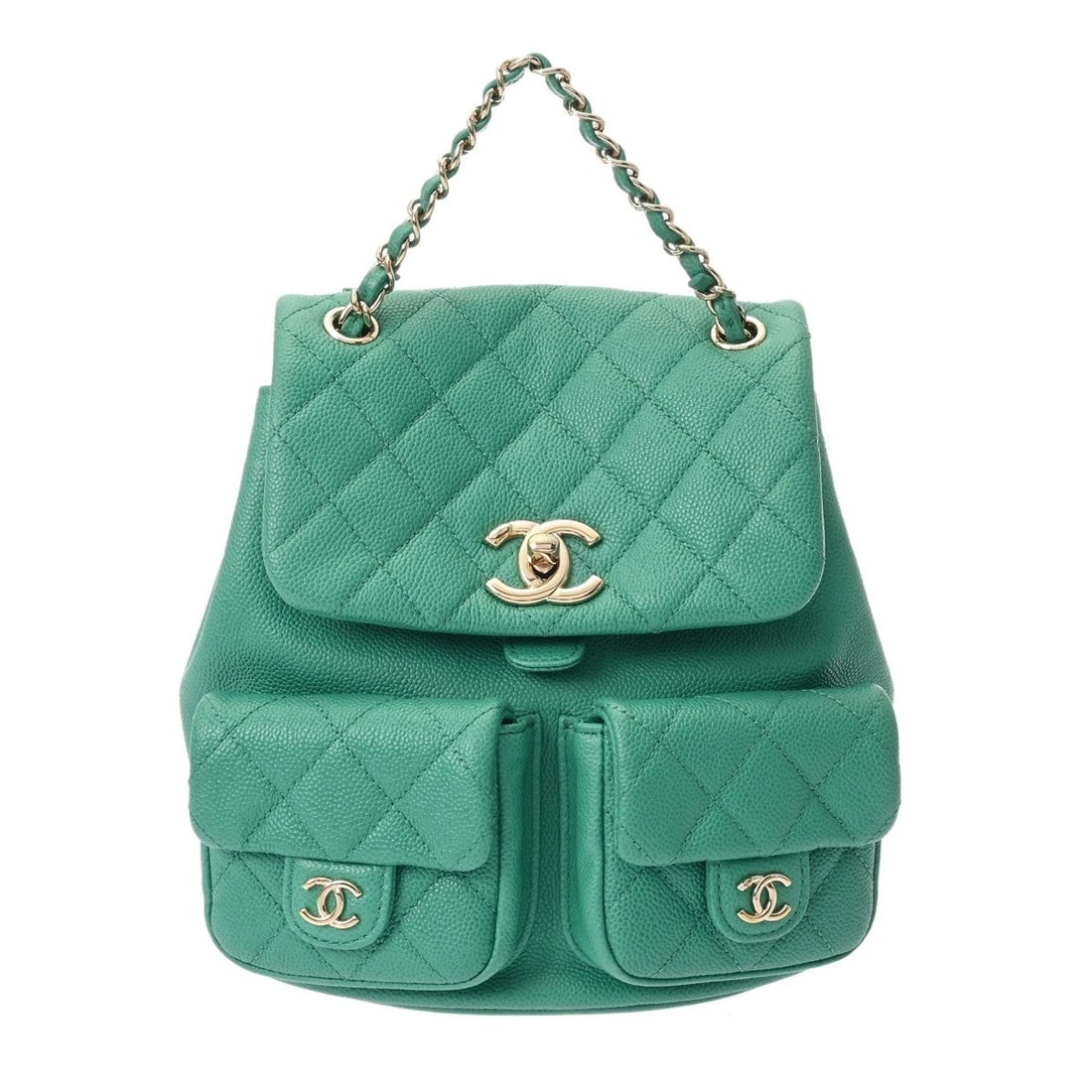 CHANEL SMALL BACKPACK MATRASSE GREEN BACKPACK: CHANEL Small backpack Matrasse green Backpack Brand: CHANEL Type/Style: Backpack ?? Daypack Material: Grained calfskin Color: green ? Champagne Gold Metal Size: H:about 8.3inch W:about 7.5inch