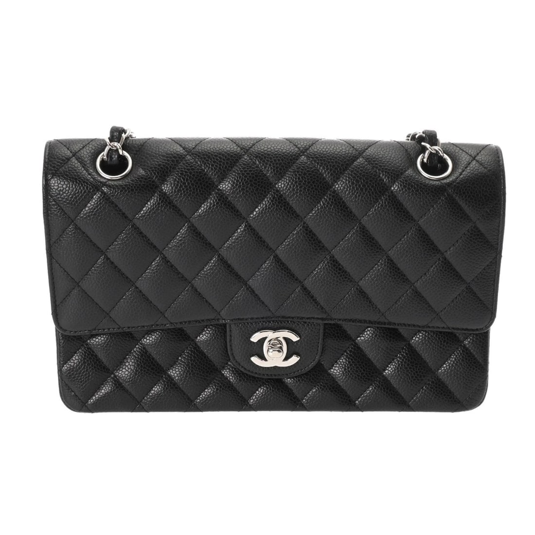 CHANEL W FLAP CHAINSHOULDER 25 MATRASSE CAVIARSKIN BLACK: CHANEL W Flap ChainShoulder 25 Matrasse Caviarskin black Brand: CHANEL Type/Style: Shoulder Bag Material: Caviarskin Color: black ? SilverMetal Size: H:about 5.9inch W:about 9.8inch D:about 2.4inch