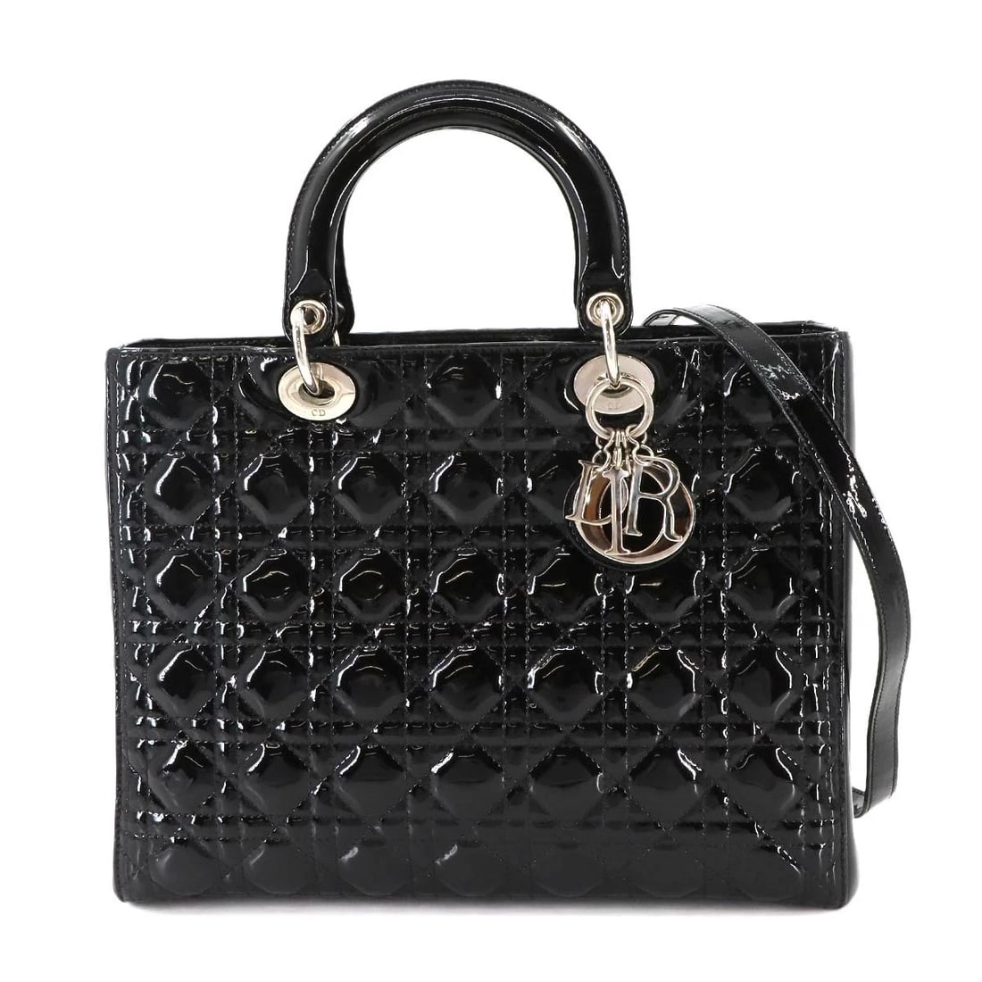 CHIRISTIAN DIOR LADY DIOR LARGE 2WAY HAND SHOULDER BAG: Chiristian Dior Lady Dior Large 2way Hand Shoulder Bag Brand: Christian Dior Type/Style: Hand Bag / Shoulder Bag Material: Enamel Color: Black Size: W 12.80 inch, H 9.45 inch, D 4.72 inch Accessor