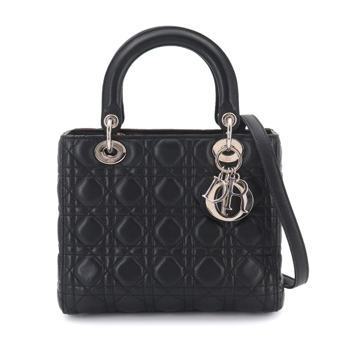 CHIRISTIAN DIOR LADY DIOR MEDIUM HAND SHOULDER BAG: Chiristian Dior Lady Dior Medium Hand Shoulder Bag Brand: Christian Dior Type/Style: Hand Bag / Shoulder Bag Material: Leather Color: Black Size: W 9.45 inch, H 7.68 inch, D 4.72 inch Accessories: