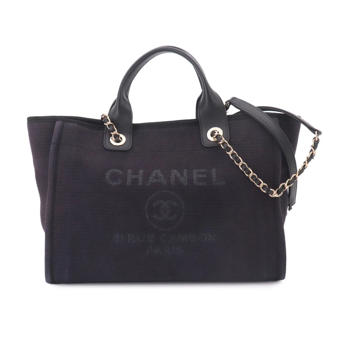 CHANEL DEAUVILLE SMALL SHOPPING TOTE CHAIN SHOULDER BAG: CHANEL Deauville Small Shopping Tote Chain Shoulder Bag Brand: CHANEL Type/Style: Tote Bag / Shoulder Bag Material: Canvas , Leather Color: Navy Size: W 12.80 inch, H 9.45 inch, D 5.91 inch Access