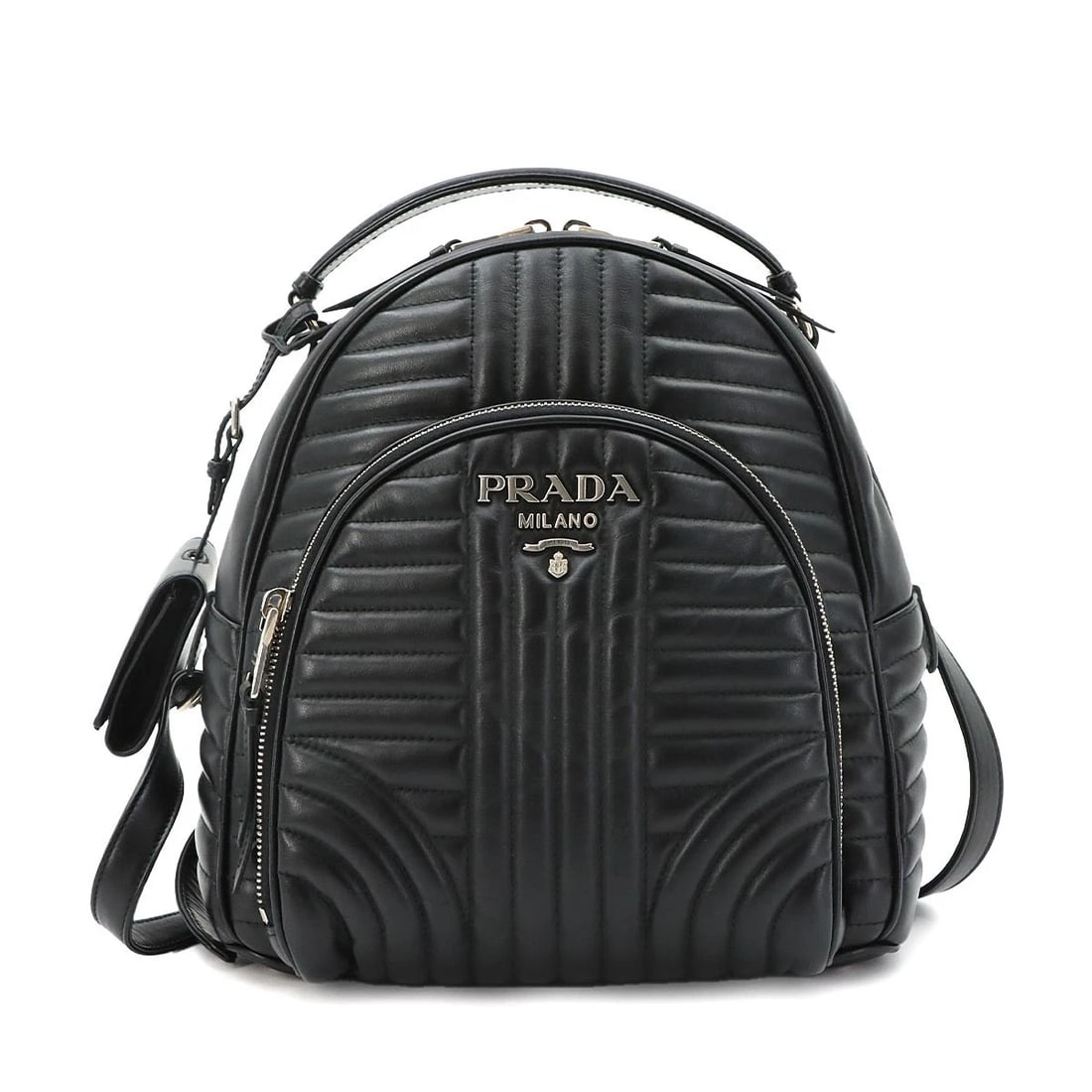 PRADA DIAGRAM BACKPACK LEATHER BLACK: PRADA Diagram Backpack Leather Black Brand: PRADA Type/Style: Backpack Material: Leather Color: Black Size: W 9.45 inch, H 10.24 inch, D 4.72 inch Accessories: None Accessories Notice: Whe