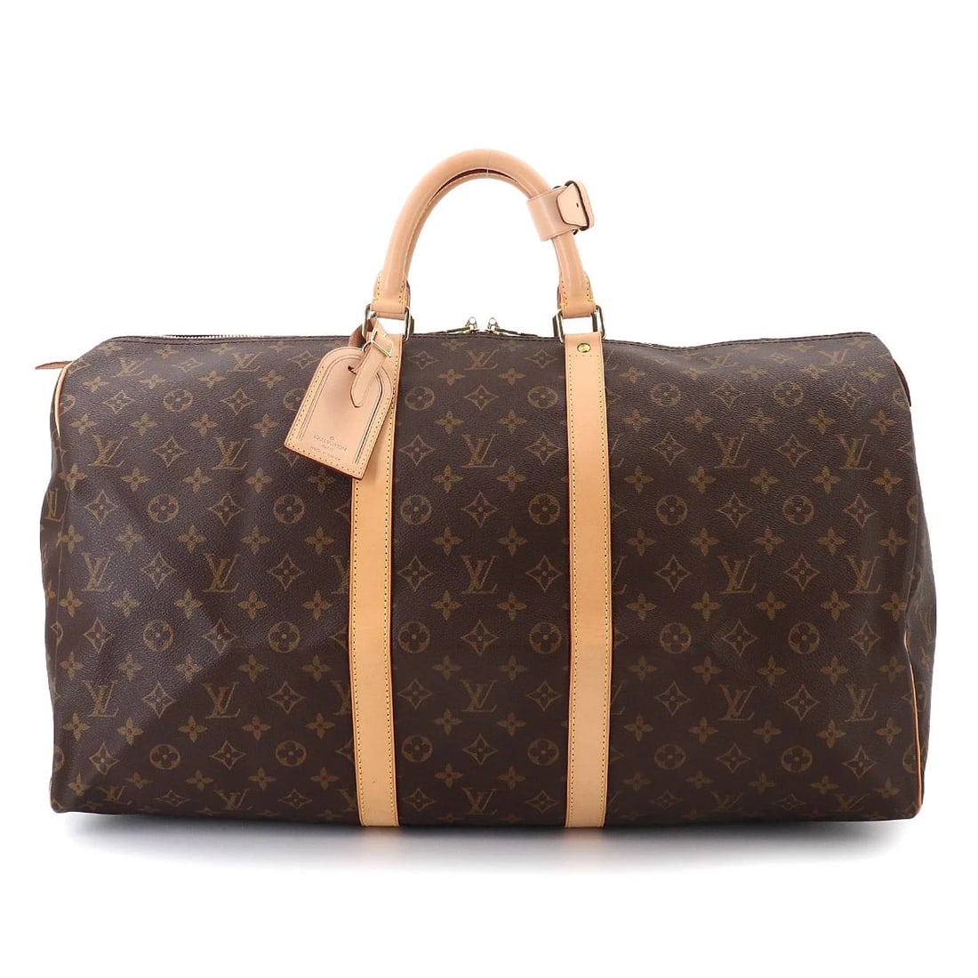 LOUIS VUITTON MONOGRAM KEEPALL 55 LUGGAGE TRAVEL BAG: LOUIS VUITTON Monogram Keepall 55 Luggage Travel Bag Brand: LOUIS VUITTON Type/Style: Luggage Material: Monogram Canvas Color: Monogram Size: W 22.05 inch, H 11.42 inch, D 9.65 inch Accessories: N