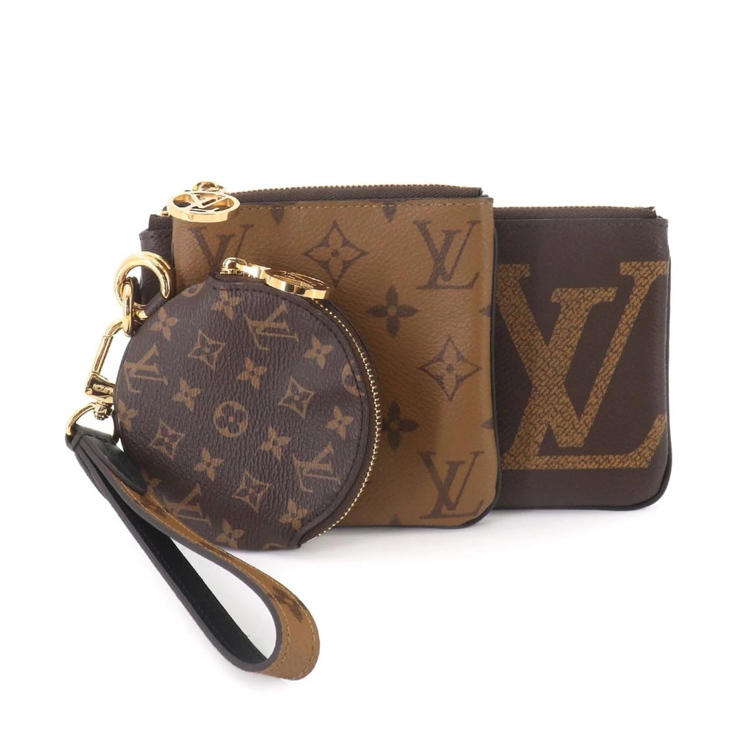 LOUIS VUITTON MONOGRAM GIANT POCHETTE TRIO COIN PURSE: LOUIS VUITTON Monogram Giant Pochette Trio Coin Purse Brand: LOUIS VUITTON Type/Style: Pouch Material: Monogram Giant Canvas , Monogram Reverse Canvas Color: Brown , Beige Size: W 7.48 inch, H 4.13 in