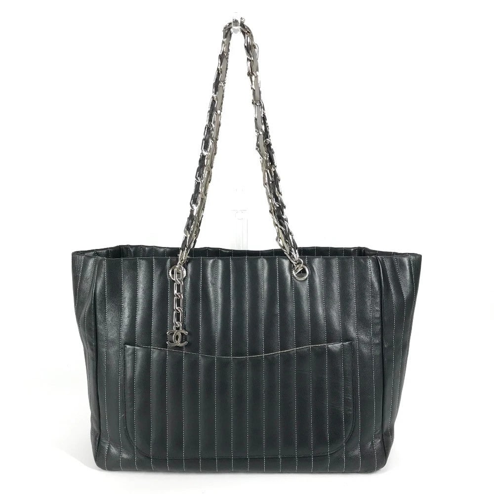 CHANEL LOGO STRIPE DOUBLE CHAIN TOTE BAG SHOULDER BAG: CHANEL logo stripe Double Chain Tote Bag Shoulder Bag Brand: CHANEL Type/Style: Shoulder Bag Material: Leather Color: Black Size: W12.0?H9.8?D5.7inch / W30.5cm?H25cm?D14.5cm Accessories: None