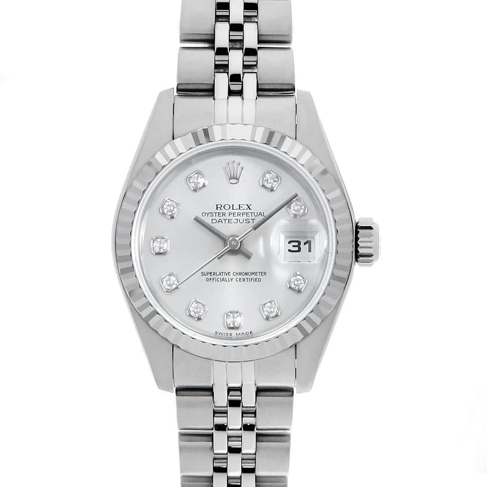 ROLEX DIAMOND SILVER WATCH: ROLEX Diamond Silver Watch Brand: ROLEX Type/Style: Wrist watch Material: Band Material Stainless Steel, Case Material Stainless Steel/White gold Color: Dial Color Silver Size: Case Size Case:W26mm Ci