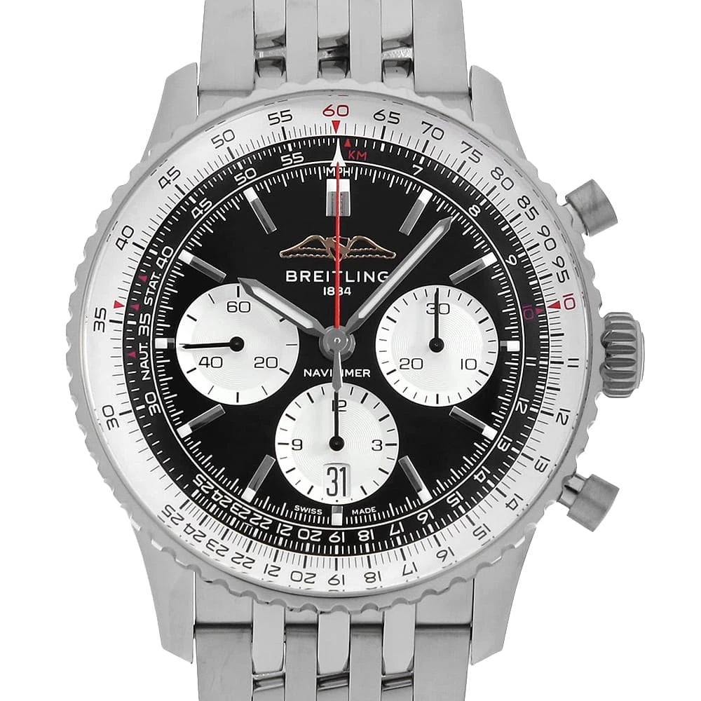 BREITLING NAVITIMER CHRONOGRAPH 43 WATCH: BREITLING Navitimer Chronograph 43 Watch Brand: BREITLING Type/Style: Wrist watch Material: Band Material Stainless Steel, Case Material Stainless Steel Color: Dial Color Black Size: Case Size