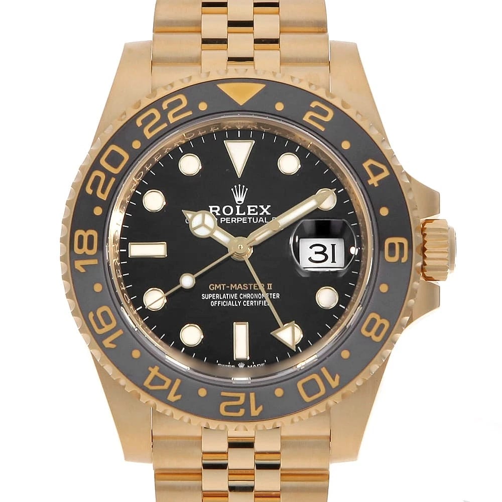 ROLEX GMT MASTER BLACK WATCH: ROLEX GMT Master black Watch Brand: ROLEX Type/Style: Wrist watch Material: Band Material Yellow Gold, Case Material Yellow Gold Color: Dial Color Black Size: Case Size Case:W40mm Circumference of