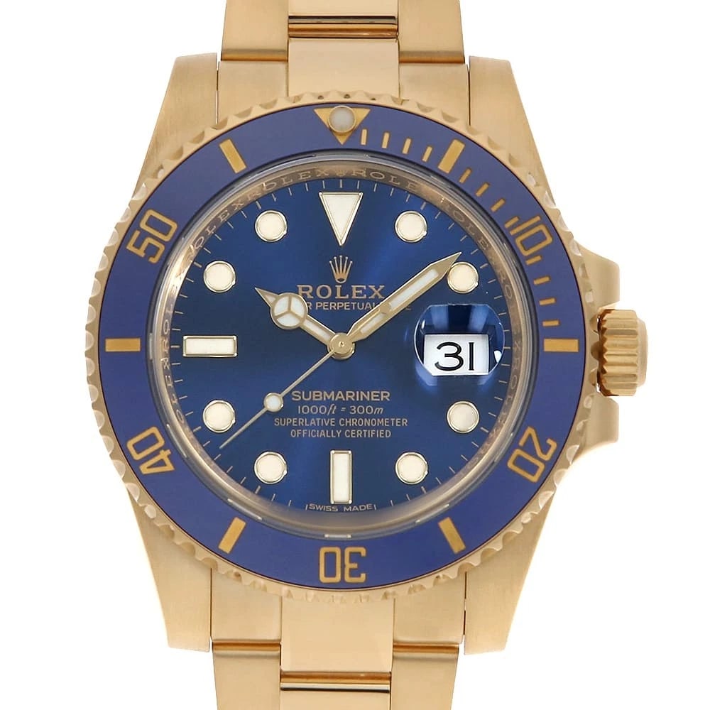 ROLEX SUBMARINER BLUE WATCH: ROLEX SUBMARINER blue Watch Brand: ROLEX Type/Style: Wrist watch Material: Band Material Yellow Gold, Case Material Yellow Gold Color: Dial Color Blue Size: Case Size Case:W40mm Circumference of Wrist