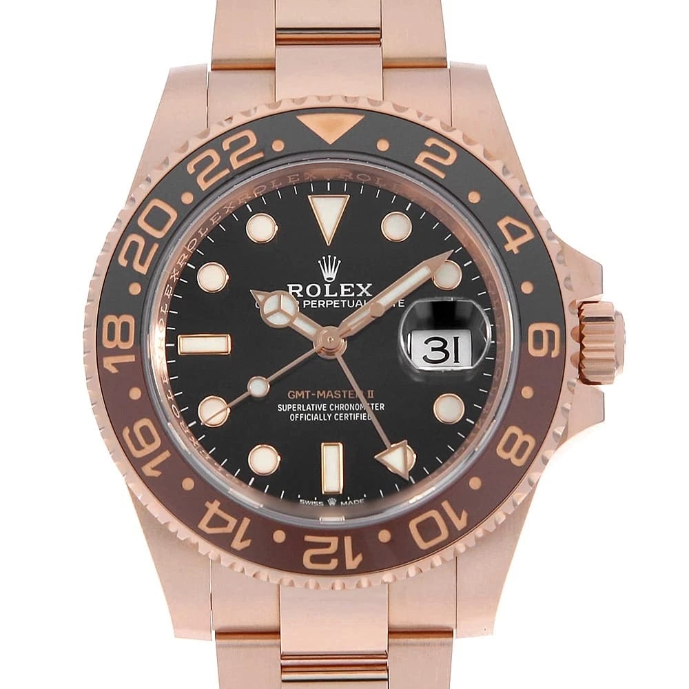 ROLEX GMT MASTER BLACK WATCH: ROLEX GMT Master black Watch Brand: ROLEX Type/Style: Wrist watch Material: Band Material Everose Gold, Case Material Everrose gold Color: Dial Color Black Size: Case Size Case:W40mm Circumference of 
