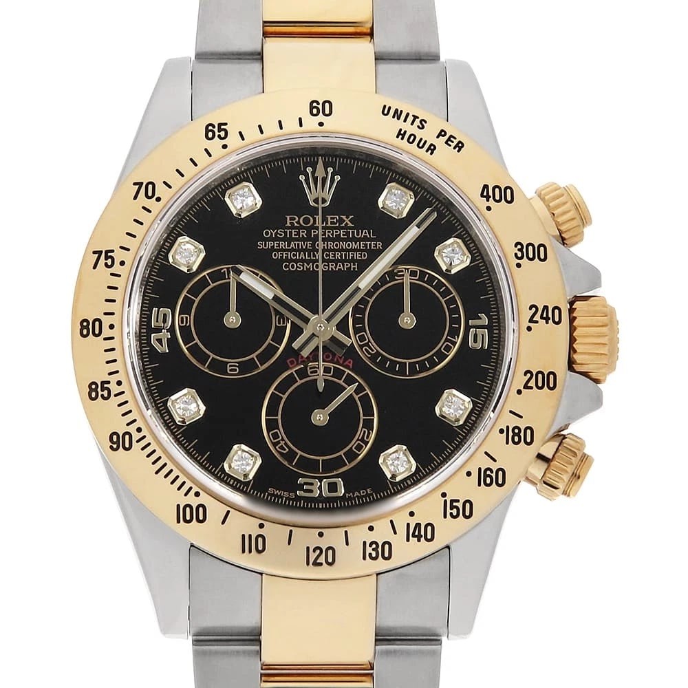 ROLEX COSMOGRAPH DAYTONA DIAMOND BLACK WATCH: ROLEX Cosmograph Daytona diamond black Watch Brand: ROLEX Type/Style: Wrist watch Material: Band Material Stainless Steel/Yellow Gold, Case Material Stainless Steel/Yellow Gold Color: Dial Color Black