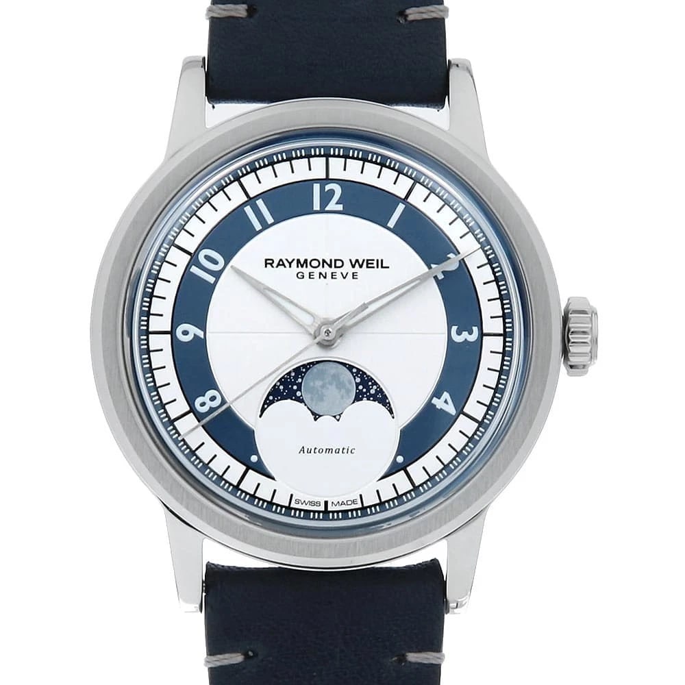 RAYMOND WEIL MILLESIME WATCH: RAYMOND WEIL Millesime Watch Brand: RAYMOND WEIL Type/Style: Wrist watch Material: Band Material Calfskin, Case Material Stainless Steel Color: Dial Color Silver and Blue Size: Case Size Case:W35mm