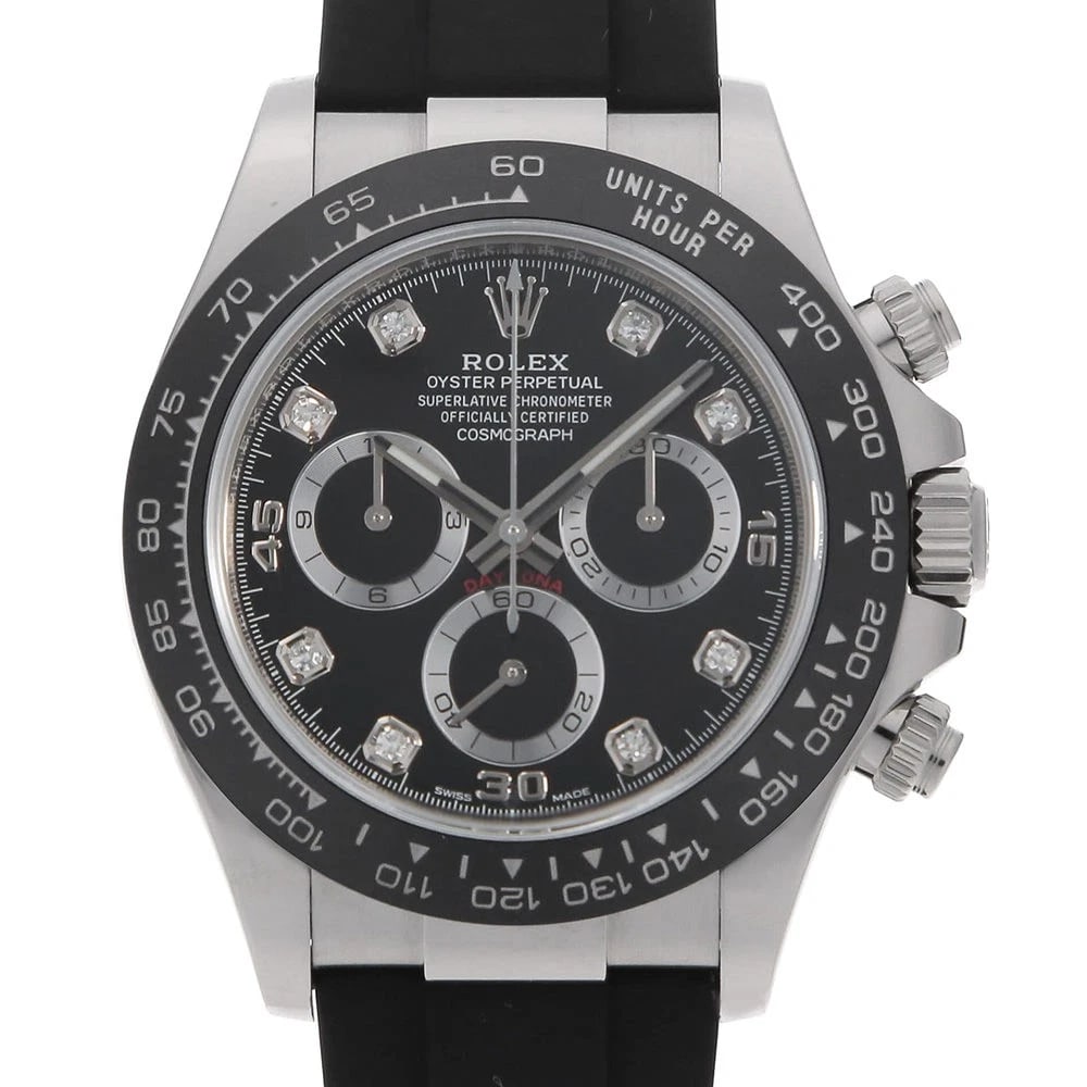 ROLEX COSMOGRAPH DAYTONA DIAMOND BLACK WATCH: ROLEX Cosmograph Daytona diamond black Watch Brand: ROLEX Type/Style: Wrist watch Material: Band Material rubber, Case Material White gold Color: Dial Color Black Size: Case Size Case:W40mm Circumfere