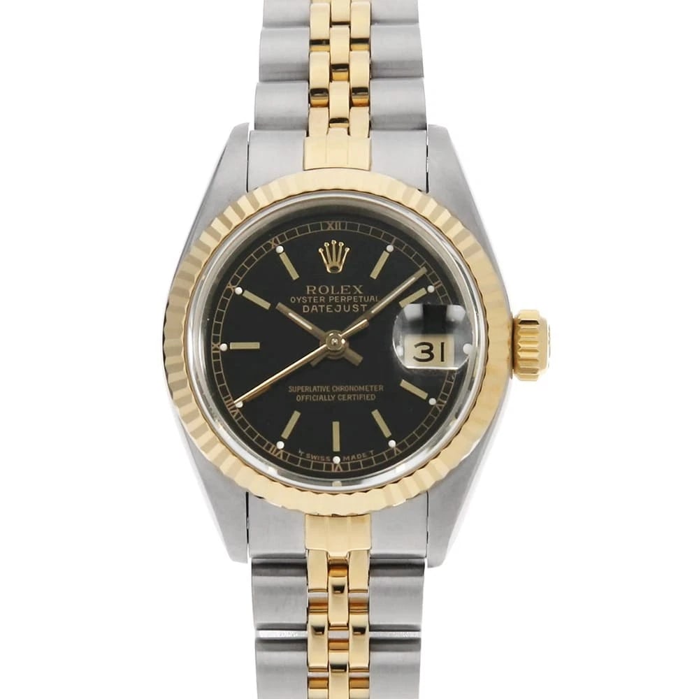 ROLEX BLACK WATCH: ROLEX black Watch Brand: ROLEX Type/Style: Wrist watch Material: Band Material Stainless Steel/Yellow Gold, Case Material Stainless Steel/Yellow Gold Color: Dial Color Black Size: Case Size Case:W26mm