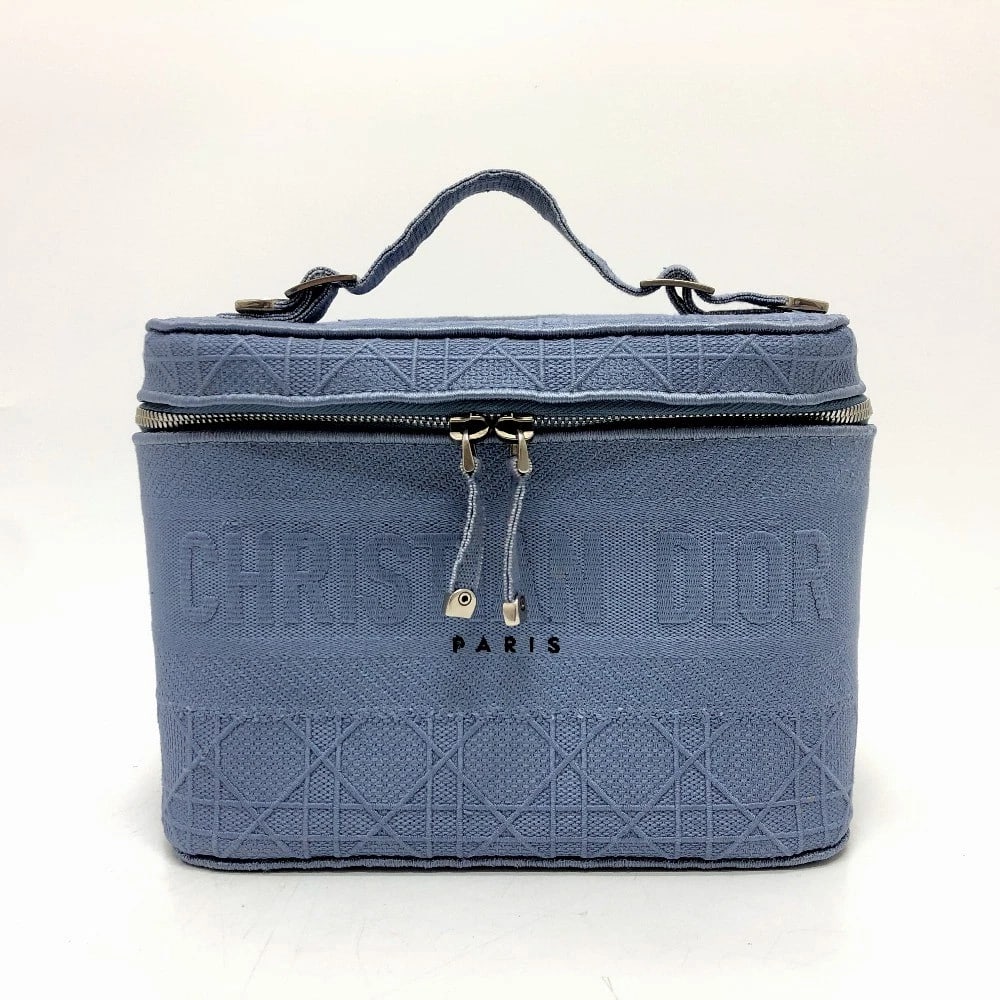 DIOR CANNAGE EMBROIDERY VANITY BAG CANVAS BLUE/SILVERHARDWARE: Dior Cannage Embroidery Vanity bag Canvas blue/SilverHardware Brand: Dior Type/Style: Vanity bag Material: Canvas Color: bluexSilverHardware Size: W9.4?H7.5?D5.2inch / W24cm?H19cm?D13.3cm Accessor
