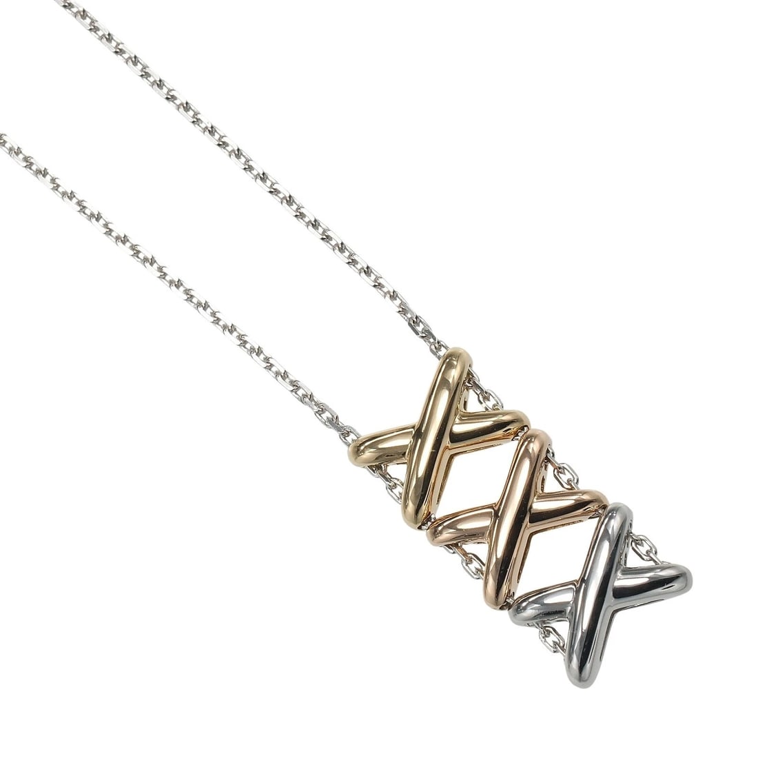 CHAUMET LIEN D'AMOUR THREE COLOR NECKLACE: Chaumet Lien D'Amour Three Color Necklace Brand: Chaumet Type/Style: Necklace Material: K18 Gold (YGxPGxWG), Color: Silver Size: (CM) Neck around?64cm Top?W10.2mm x H21.1mm Accessories: None <