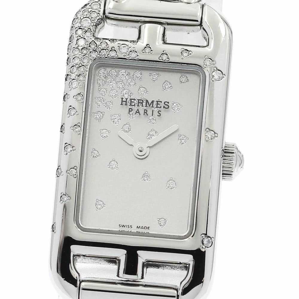 HERMES NANTUCKET MINI QUARTZ STAINLESS STEEL DIAMOND WATCH: Hermes Nantucket Mini Quartz Stainless Steel Diamond Watch Brand: HERMES Type/Style: Wristwatch Material: Stainless Steel Color: Silver dial Size: Case size: Approx. 17mm Wrist size: Approx. 15cm + 3.