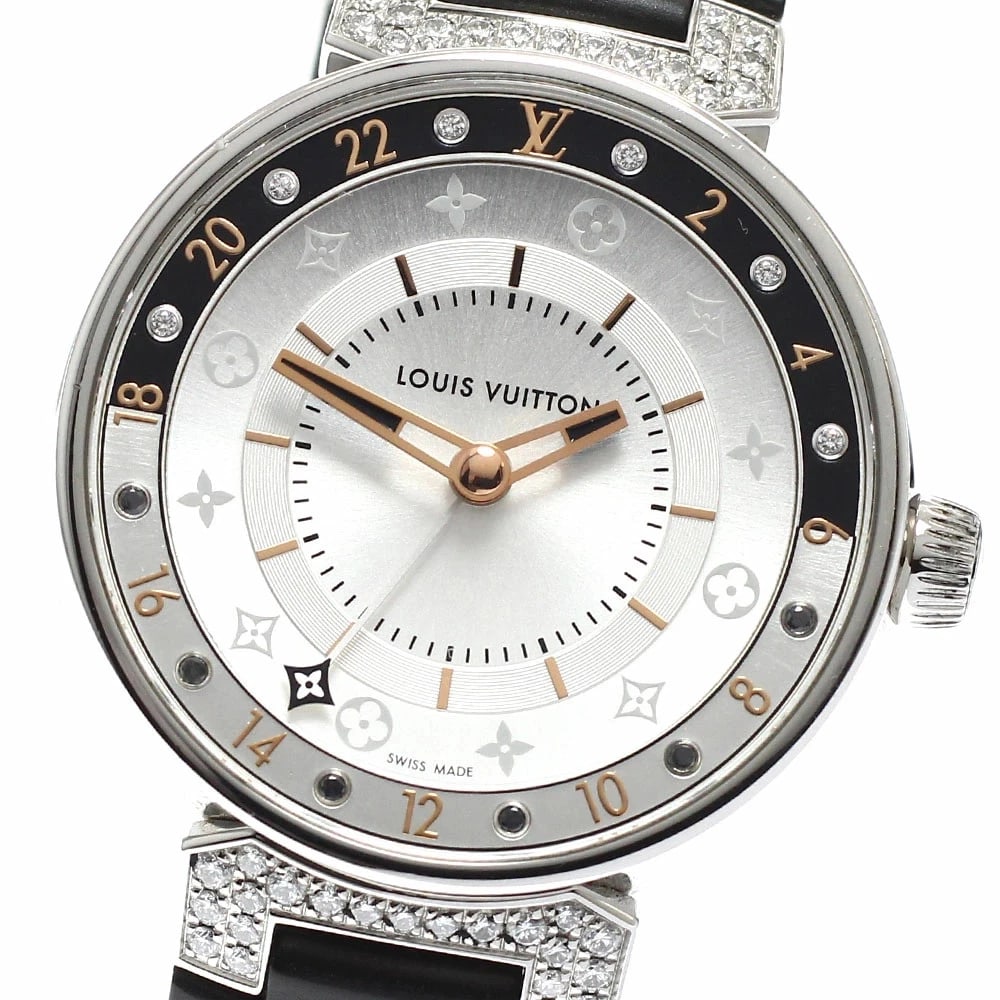 LOUIS VUITTON TAMBOUR MOON DUAL TIME DIAMOND QUARTZ STAINLESS STEEL WATCH: Louis Vuitton Tambour Moon Dual Time Diamond Quartz Stainless Steel Watch Brand: LOUIS VUITTON Type/Style: Wristwatch Material: Stainless Steel Color: Silver dial Size: Case size: 34mm Wrist size: App