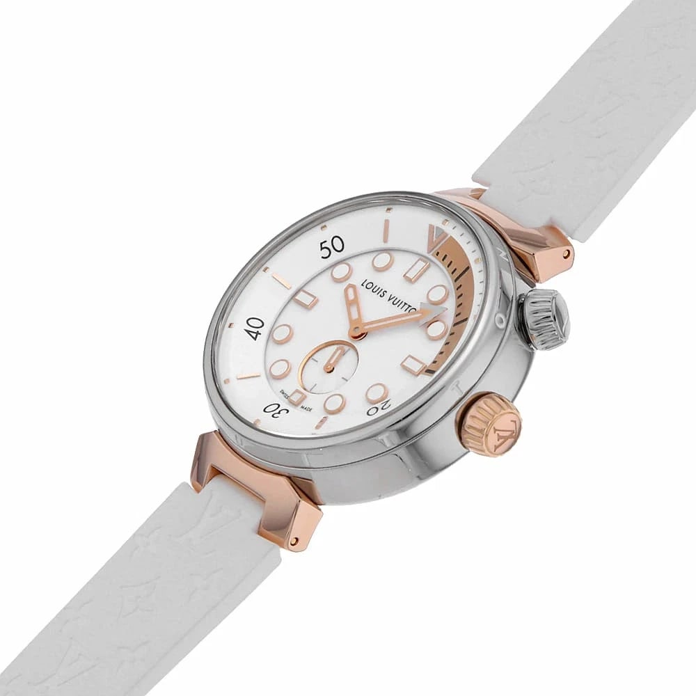 LOUIS VUITTON TAMBOUR STREET DIVER QUARTZ WHITE ROSE GOLD STAINLESS STEEL WATCH: Louis Vuitton Tambour Street Diver Quartz White Rose Gold Stainless Steel Watch Brand: LOUIS VUITTON Type/Style: Wristwatch Material: Stainless Steel/Rose Gold Color: White dial Size: Case size: 39.5m