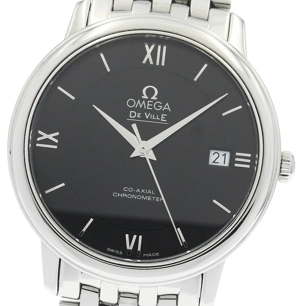 OMEGA DE VILLE PRESTIGE CO-AXIAL AUTOMATIC BLACK WATCH: Omega De Ville Prestige Co-Axial Automatic Black Watch Brand: OMEGA Type/Style: Wristwatch Material: Stainless Steel Color: Black dial Size: Case size: 37mm Wrist size: Approx. 17cm Accessories: N