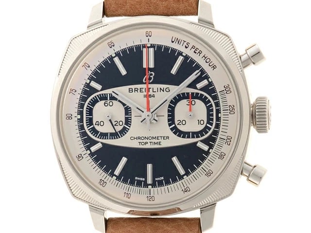BREITLING TOP TIME AUTOMATIC SILVER BLACK WATCH: Breitling Top Time Automatic Silver Black Watch Brand: BREITLING Type/Style: Wristwatch Material: Stainless Steel calfskin Color: Silver/Black dial Size: Case size: 38mm Wrist size: Approx. 19cm A