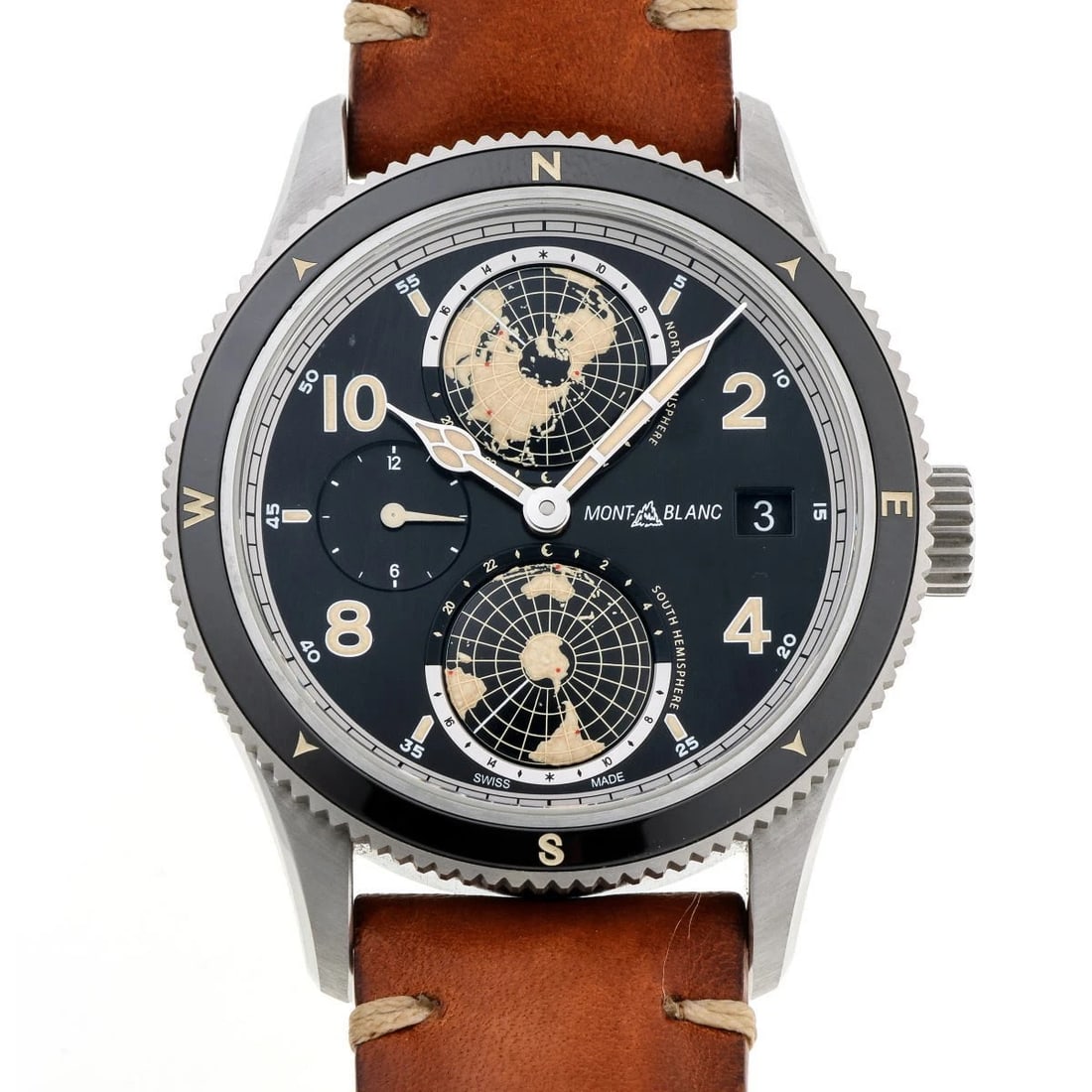 MONTBLANC GEOSPHERE AUTOMATIC BLACK DIAL STAINLESS STEEL WATCH: Montblanc Geosphere Automatic Black Dial Stainless Steel Watch Brand: MONTBLANC Type/Style: Wristwatch Material: Stainless Steel Color: Black dial Size: Case size: 43.5mm Wrist size: 21cm Accessor