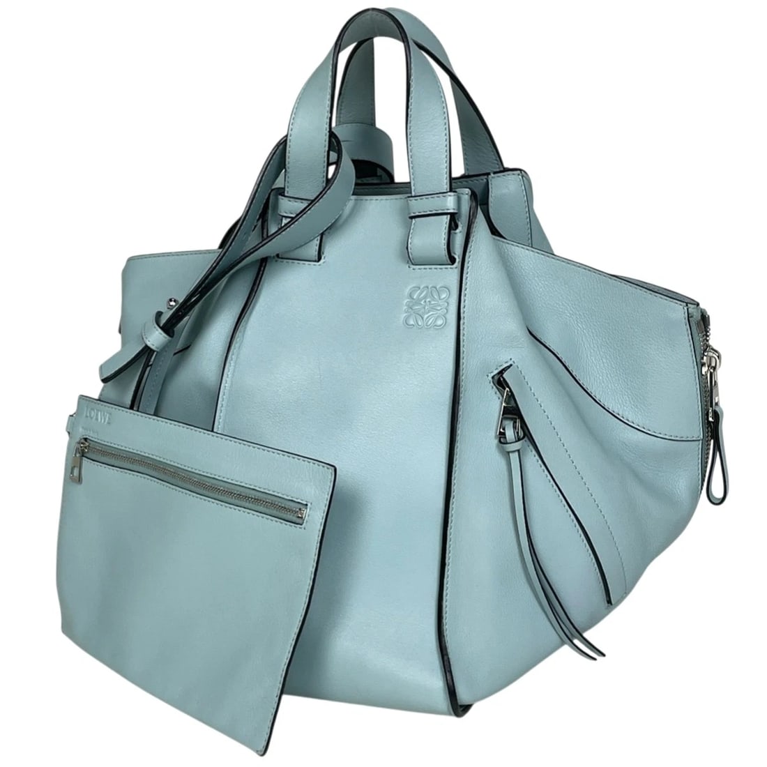 LOEWE HAMMOCK BAG MEDIUM ANAGRAM 2WAY SHOULDER BAG: LOEWE hammock bag medium Anagram 2WAY Shoulder Bag Brand: LOEWE Type/Style: Hand Bag Material: leather Color: Light blue Size: Width 17.5cm(6.9") Height 32cm(12.6") Depth 33cm(13") Accessories: No
