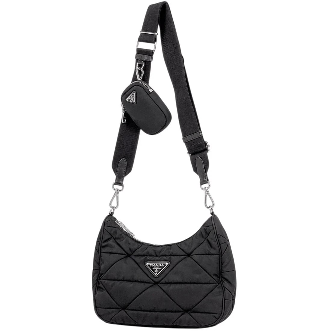 PRADA PADDED NYLON SHOULDER BAG RE-NYLON WITH LOGO SHOULDER BAG: PRADA Padded Nylon Shoulder Bag Re-Nylon with logo Shoulder Bag Brand: PRADA Type/Style: Shoulder Bag Material: Nylon Color: Nero (Black) Size: Width 24cm (9.4") Height (median) 15cm (5.9") Depth 7cm 
