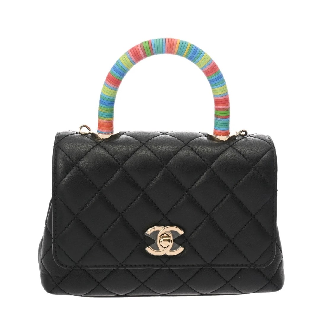 CHANEL COCO HANDLE LAMBSKIN BLACK / MULTICOLOR HANDBAG: CHANEL Coco Handle lambskin Black / multicolor Handbag Brand: CHANEL Type/Style: Handbag Material: lambskin Color: Black / multicolor ? Gold Metal Size: H:about 5.1inch W:about 7.1inch (Bottom) D:abou