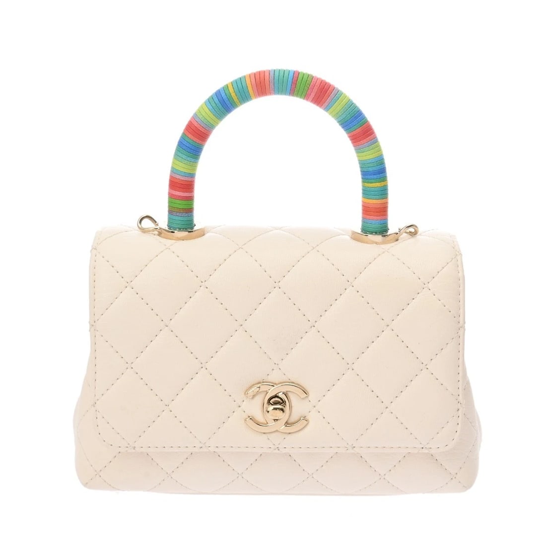 CHANEL COCO HANDLE XXS WHITE / MULTICOLOR HANDBAG: CHANEL Coco Handle XXS White / multicolor Handbag Brand: CHANEL Type/Style: Handbag Material: Grained calfskin Color: White / multicolor ? Gold Metal Size: H:about 5.1inch W:about 7.1inch (Bottom) D:a