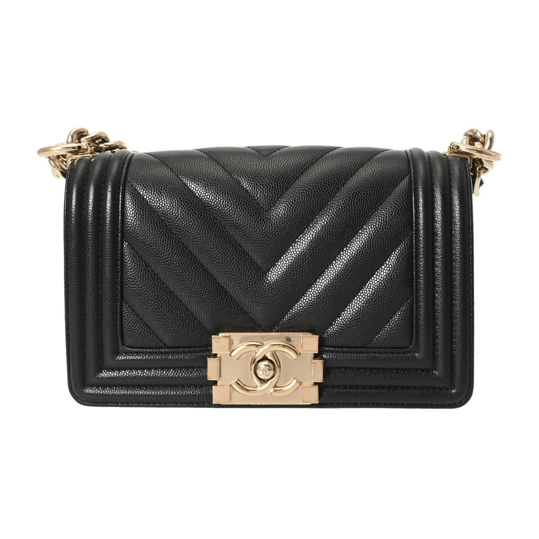 CHANEL CHAINSHOULDER CHANEL/V STITCH CAVIARSKIN BLACK: CHANEL ChainShoulder Chanel/V Stitch Caviarskin black Brand: CHANEL Type/Style: Shoulder Bag Material: Caviarskin Color: black ? Champagne Gold Metal Size: H:about 4.7inch W:about 7.9inch D:about 3.1i