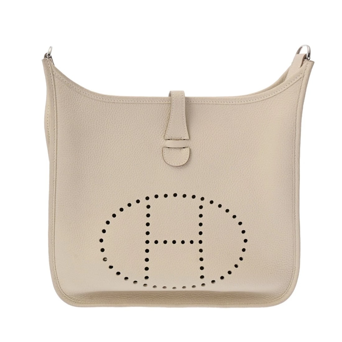 HERMES EVELYN 3 PM TAURILLON CLECE SHOULDER BAG: HERMES Evelyn 3 PM Taurillon Clece Shoulder Bag Brand: HERMES Type/Style: Shoulder Bag Material: Taurillon Clece Color: Craie ? SilverMetal Size: H:about 11.0inch (Center) W:about 11.4inch D:about 2.8