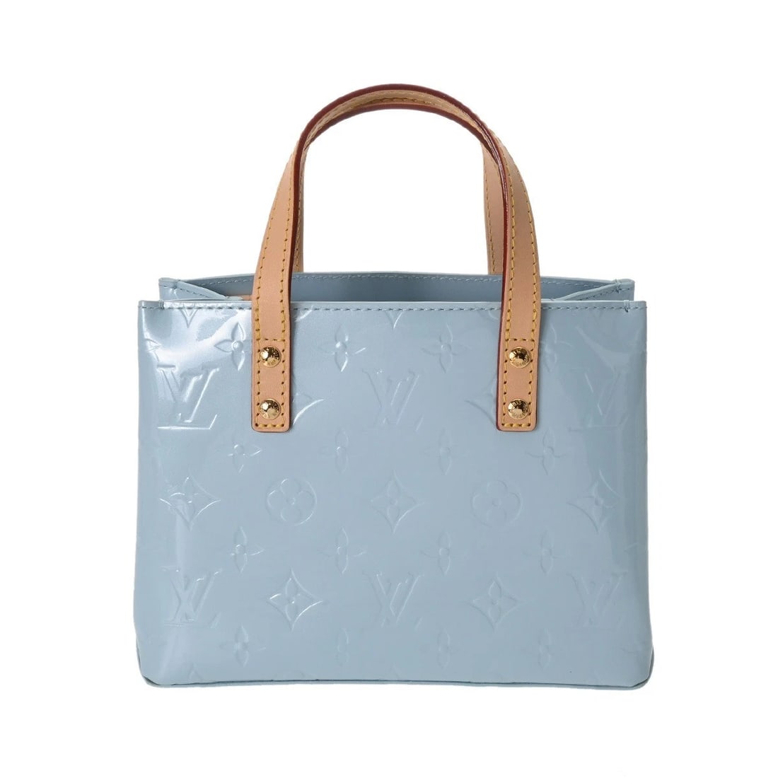 LOUIS VUITTON REED PM LV REMIX MONOGRAM VERNIS SKY HANDBAG: LOUIS VUITTON Reed PM LV Remix Monogram Vernis Sky Handbag Brand: LOUIS VUITTON Type/Style: Handbag Material: Vernis Color: Sky Size: H:about 6.1inch W:about 8.3inch D:about 3.9inch Accessories: N