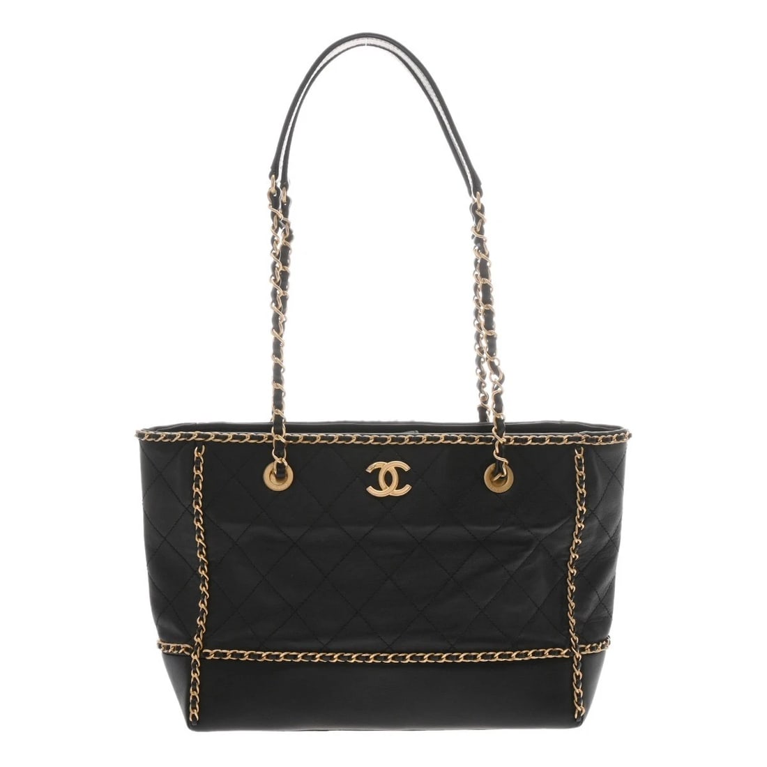 CHANEL CHAIN TOTE MATRASSE BLACK TOTE BAG: CHANEL Chain tote Matrasse black Tote Bag Brand: CHANEL Type/Style: Tote Bag Material: Calfskin Color: black ? Antique Gold Metal Size: H:about 7.9inch W:about 9.8inch (Bottom) D:about 3.7inch Acc