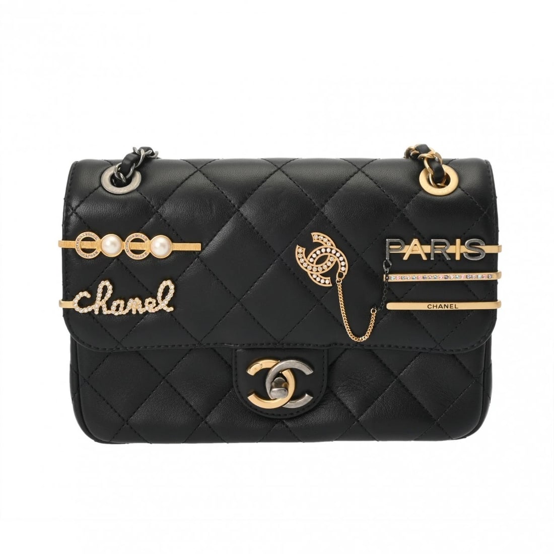CHANEL MINI FLAP BAG MATRASSE LAMBSKIN BLACK SHOULDER BAG: CHANEL Mini flap bag Matrasse lambskin black Shoulder Bag Brand: CHANEL Type/Style: Shoulder Bag Material: lambskin Color: black ? Matte Gold Metal Size: H:about 5.5inch W:about 8.3inch D:about 2.8inc