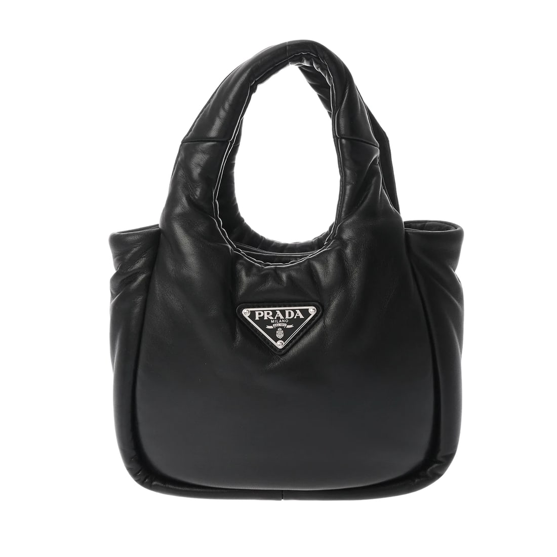 PRADA MINI HANDBAG NAPPA LEATHER BLACK HANDBAG: PRADA Mini handbag Nappa leather black Handbag Brand: PRADA Type/Style: Handbag Material: Nappa leather Color: black ? SilverMetal Size: H:about 5.5inch Center W:about 7.9inch Bottom D:about 3.0inch