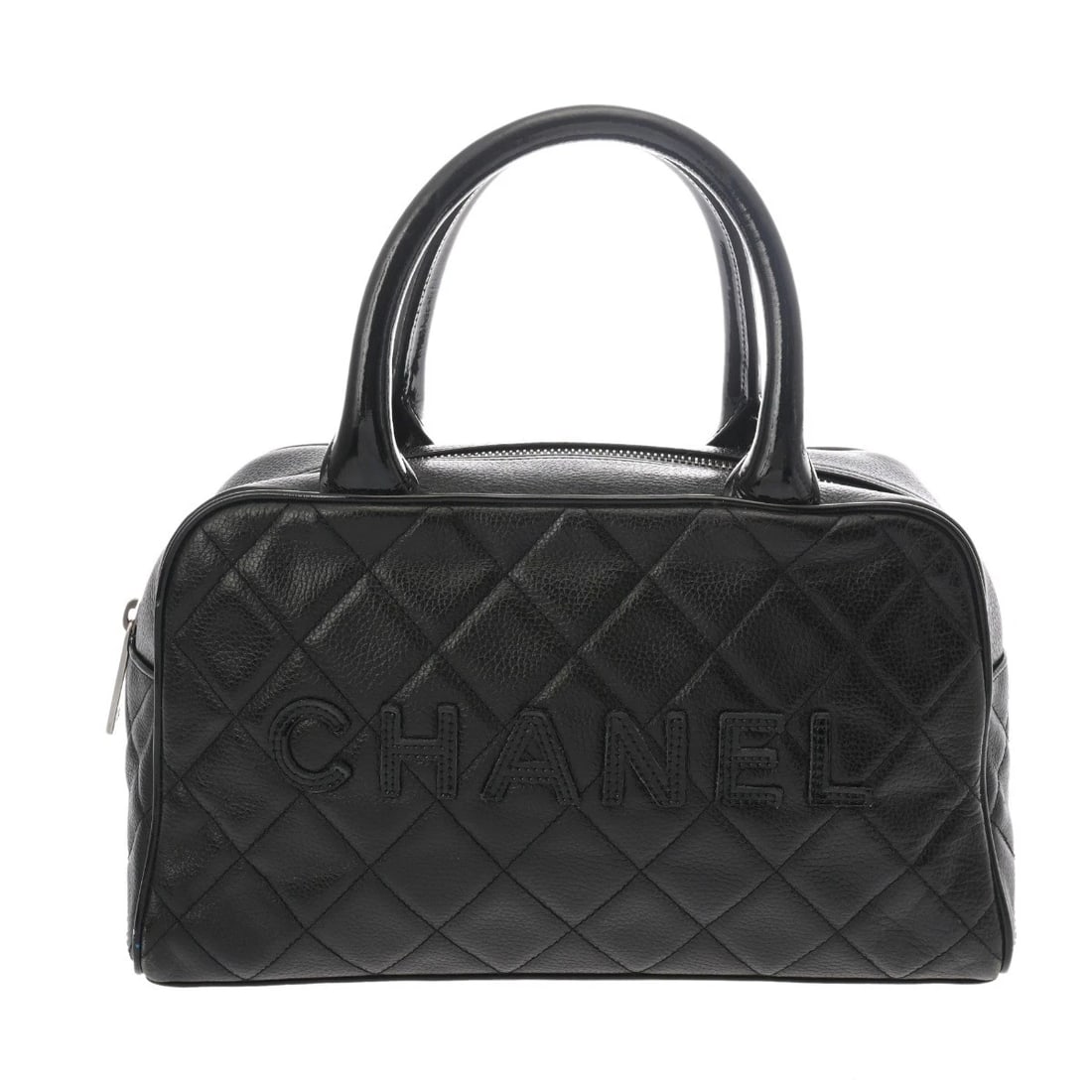 CHANEL MINI BOSTON BAG MATRASSE BLACK HANDBAG: CHANEL Mini Boston bag Matrasse black Handbag Brand: CHANEL Type/Style: Handbag Material: Calfskin Color: black ? SilverMetal Size: H:about 6.1inch W:about 10.6inch D:about 3.3inch Bottom Accessor
