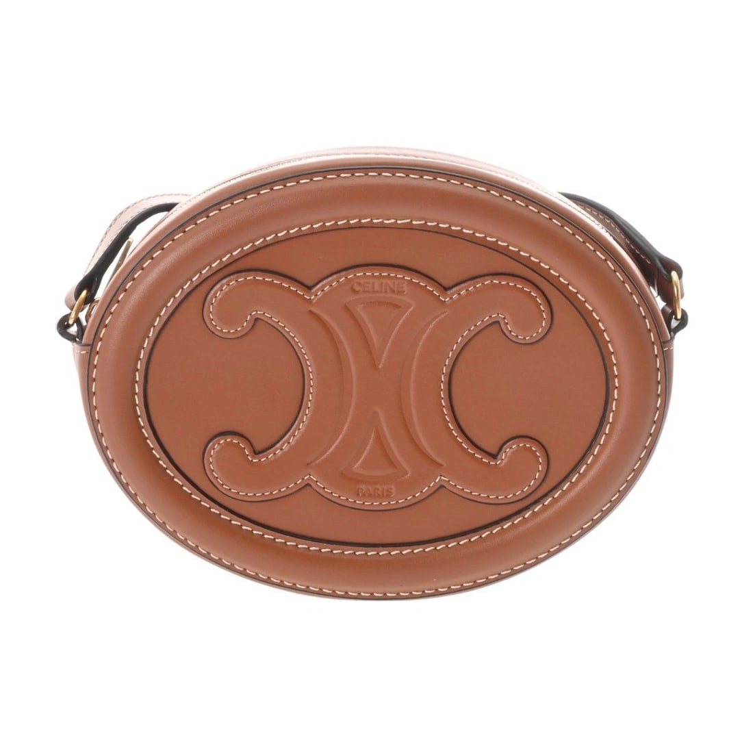 CELINE OVAL PERTH CUIL TRIOMPHE CALF TAN SHOULDER BAG: CELINE Oval Perth Cuil Triomphe calf Tan Shoulder Bag Brand: CELINE Type/Style: Shoulder Bag Material: calf Color: Tan ? Gold Metal Size: H:about 4.7inch (Center) W:about 6.3inch (maximum) D:about 1.8