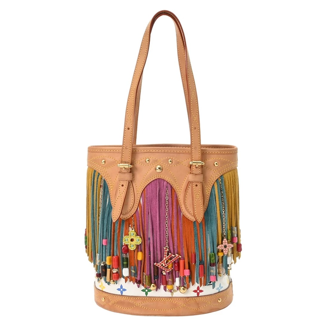LOUIS VUITTON BUCKET FRANGE TOTE BAG MULTICOLOR MONOGRAM: LOUIS VUITTON Bucket Frange Tote Bag multicolor Monogram Brand: LOUIS VUITTON Type/Style: Handbag Material: Monogram multicolor Color: Bron ? Gold Metal Size: H:about 10.2inch W:about 9.1inch D:about 