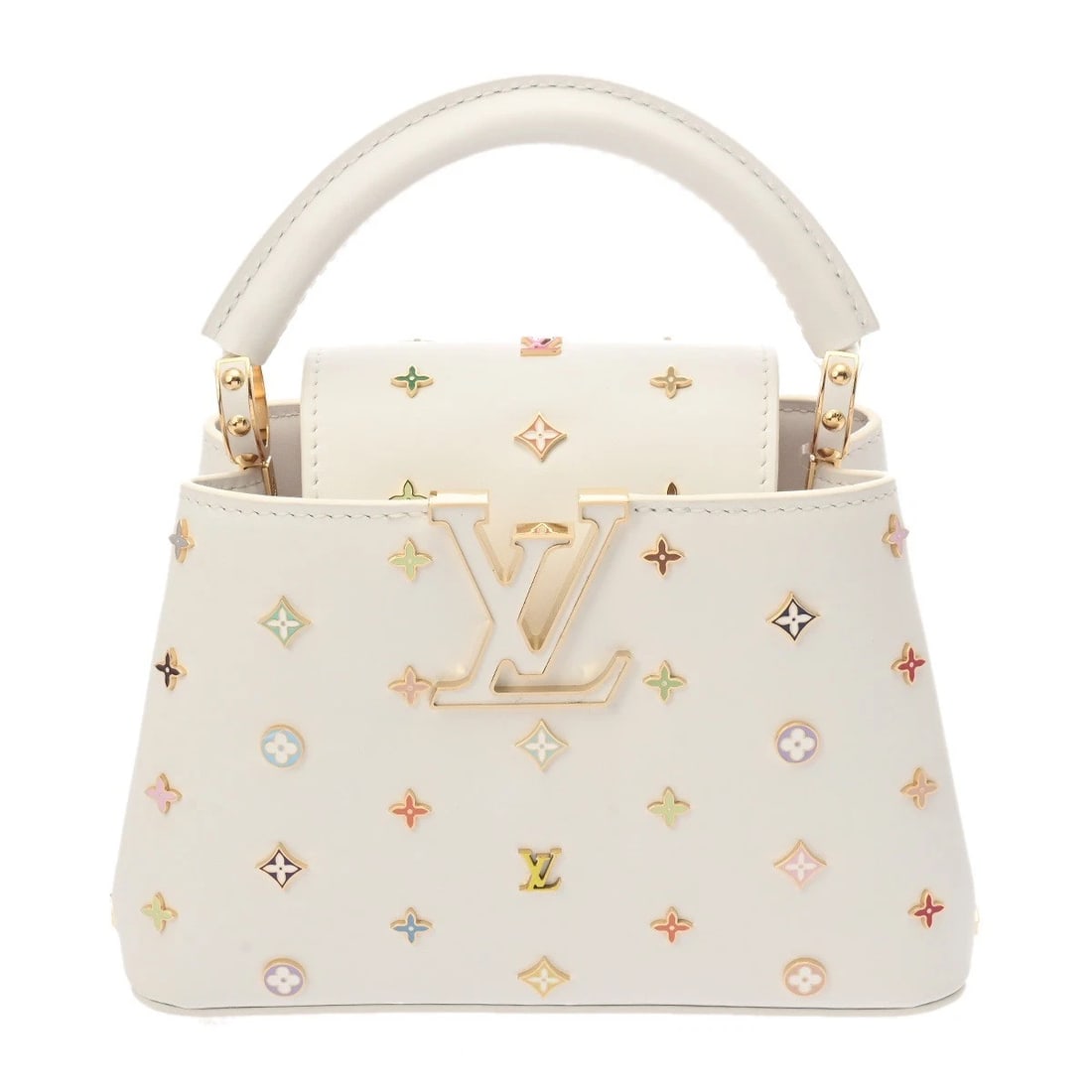 LOUIS VUITTON LVXTM CAPUCINES MINI CRUISE COLLECTION: LOUIS VUITTON LVxTM Capucines MINI Cruise Collection Brand: LOUIS VUITTON Type/Style: Handbag Material: leather/Taurillon Leather Color: White multicolor Size: H:about 5.1inch W:about 7.9inch (Bottom)