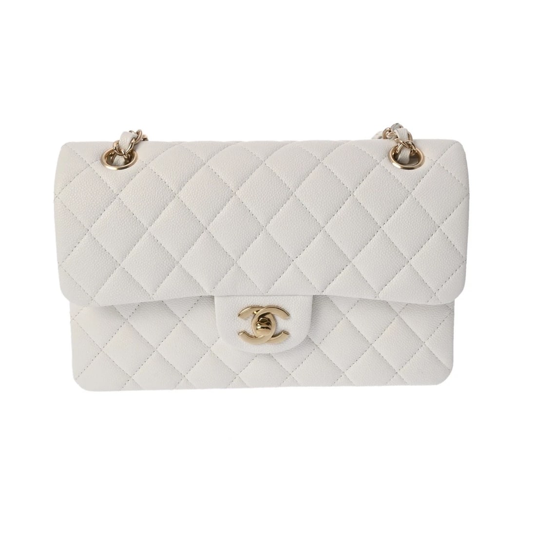 CHANEL CLASSIC SMALL HANDBAG MATRASSE WHITE SHOULDER BAG: CHANEL Classic Small Handbag Matrasse white Shoulder Bag Brand: CHANEL Type/Style: Shoulder Bag Material: Grained calfskin Color: white ? Gold Metal Size: H:about 5.7inch W:about 9.1inch D:about 2.4in