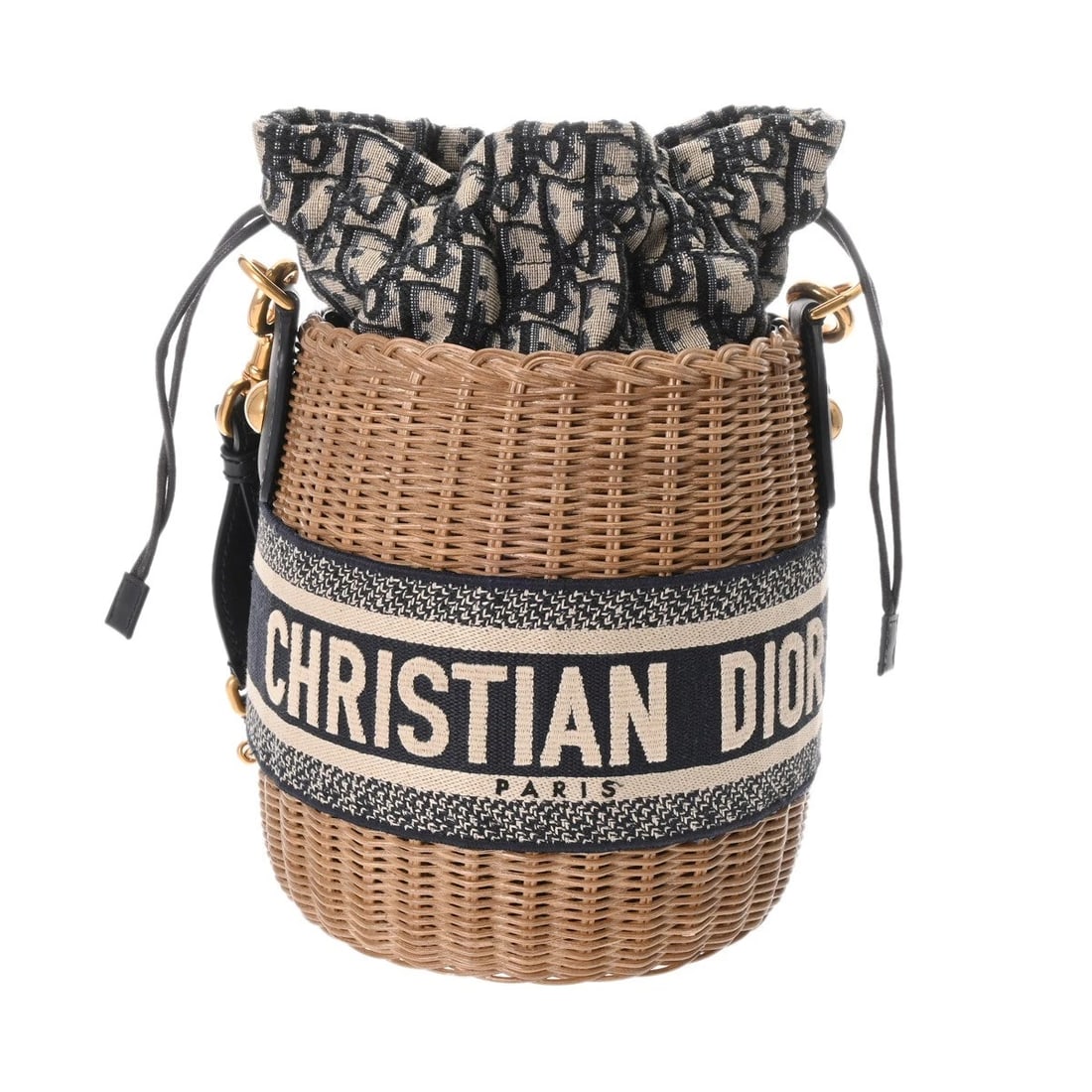 DIOR WICKER SHOULDER BAG OBLIQUE JACQUARD CANVAS/RATTAN: Dior Wicker Shoulder Bag Oblique jacquard canvas/Rattan Brand: Dior Type/Style: Shoulder Bag Material: Oblique jacquard canvas Color: Beige / navy ? Gold Metal Size: H:about 10.6inch W:about 6.7inch D